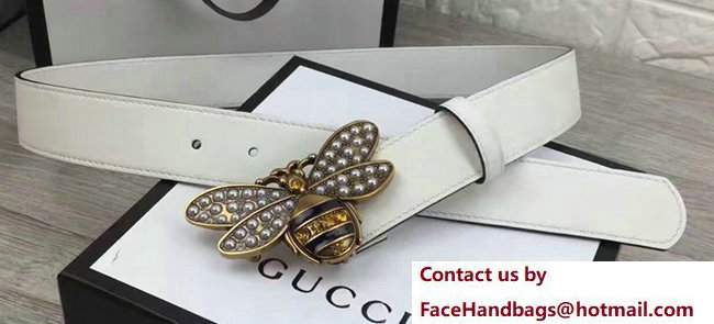 Gucci Width 3.5cm Metal Bee With Pearls Crystals Buckle Belt White