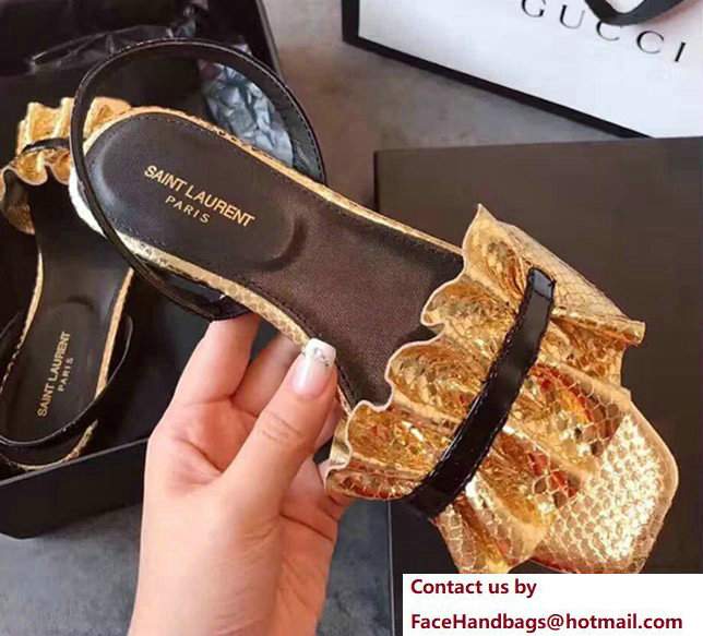 Saint Laurent Patent Leather Slingback Sandal In Python Textured Gold/Black 2017