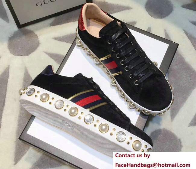 Gucci Ace Leather Studded and Pearl Velvet Sneakers Black 2017
