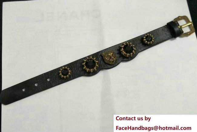 Gucci Black Crystal Studs And Feline Head Leather Bracelet
