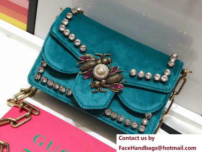 Gucci Broadway Crystals And Metal Bees Velvet Mini Bag 489218 Turquoise 2017
