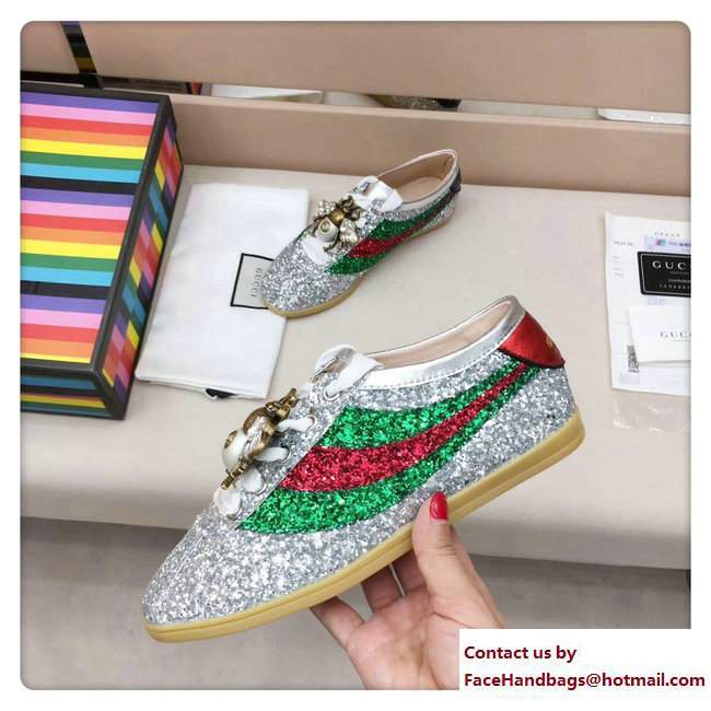 Gucci Crystal Bee Falacer Glitter Sylvie Web Stripe Sneakers Silver 2017