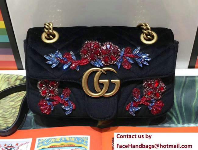 Gucci GG Marmont Chevron Embroidered Crystal Flower Velvet Mini Bag 446744 Black 2017