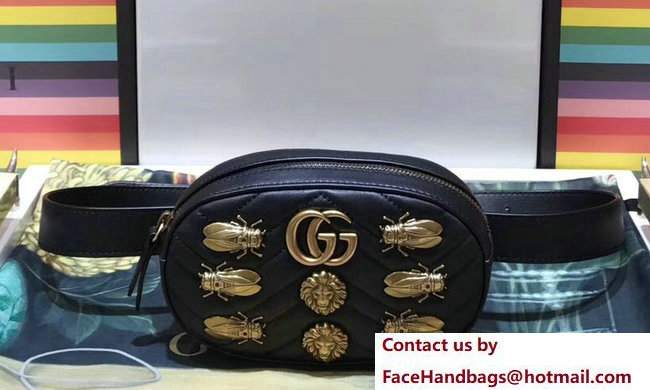 Gucci GG Marmont Metal Animal Insects Studs Leather Belt Bag 476434 Black 2017