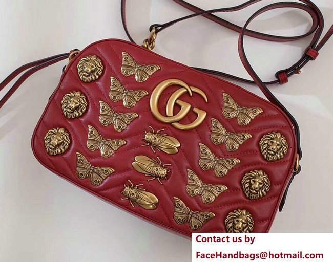 Gucci GG Marmont Metal Animal Insects Studs Shoulder Small Bag 447632 Red 2017