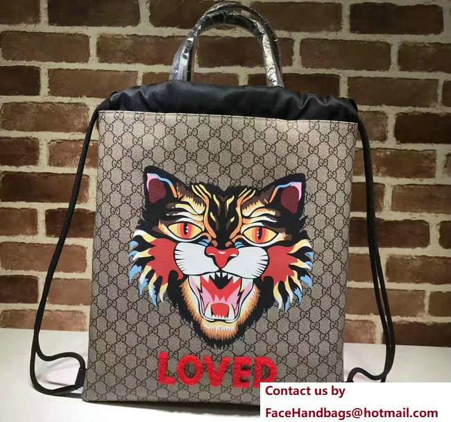 Gucci GG Supreme Drawstring Backpack Bag 473872 Embroidered Loved Angry Cat 2017