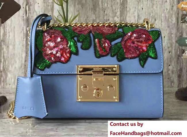 Gucci Padlock Shoulder Small bag 432182 Rose Embroidered Sequins Light Blue 2017