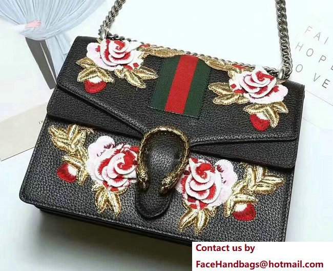 Gucci Web Embroidered Floral Dionysus Leather Shoulder Medium Bag 403348/400235 Black 2017