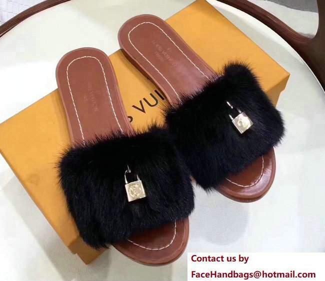 Louis Vuitton Mink Fur Lock It Slipper Sandals Mules Black 2017 Louis Vuitton Mink Fur Lock It Slipper Sandals Mules Black 2017