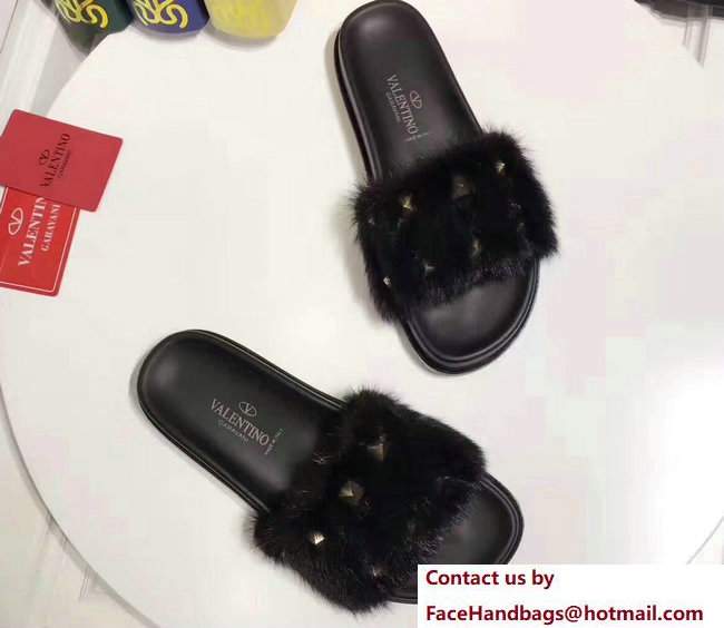 Valentino Mink Fur Macro Studs Flat Slide Sandals Black 2017 - Click Image to Close
