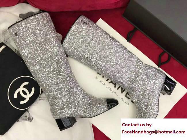 Chanel Glittered Fabric and Patent Calfskin High Boots G33220 Black/Silver 2017 - Click Image to Close