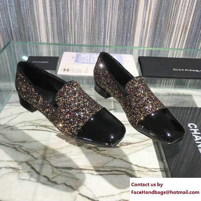 Chanel Glittered Fabric and Patent Leather Loafers G33227 Black/Gold 2017 - Click Image to Close