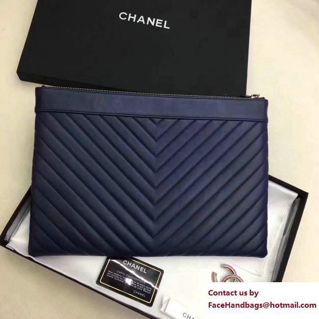 Chanel Sheepskin Chevron CC Pouch Clutch Large Bag A80992 Navy Blue 2017 - Click Image to Close