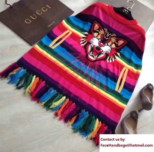 Gucci Angry Cat Intarsia Rainbow Striped Knitted Cape 478655 2017