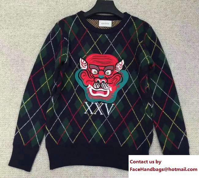 Gucci Embroidered Monster And XXV Argyle Wool Sweater 474333 2017