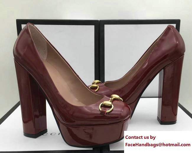 Gucci Heel 14cm Platform 4cm Leather Horsebit Pumps Patent Burgundy 2017