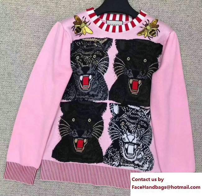 Gucci Tiger and Bee Striped Sweater Pink 2017