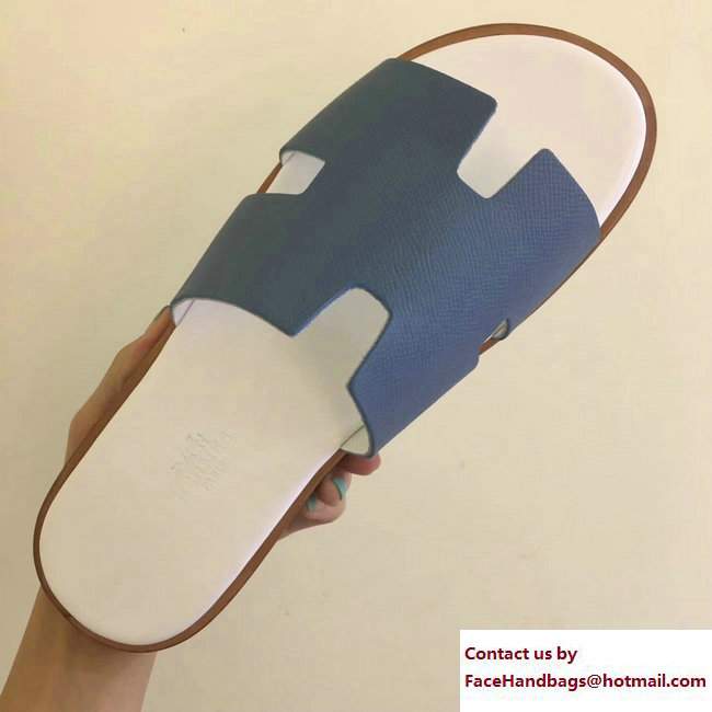 Hermes Izmir Men's Slipper Sandals in Epsom Calfskin Denim Blue/Off White - Click Image to Close