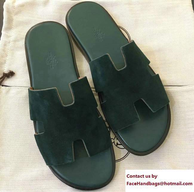 Hermes Izmir Men's Slipper Sandals in Suede Calfskin Green