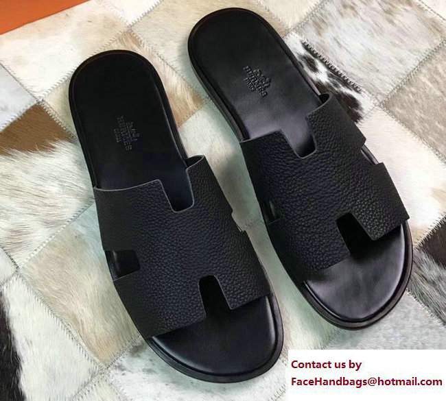 Hermes Izmir Men's Slipper Sandals in Togo Calfskin Black