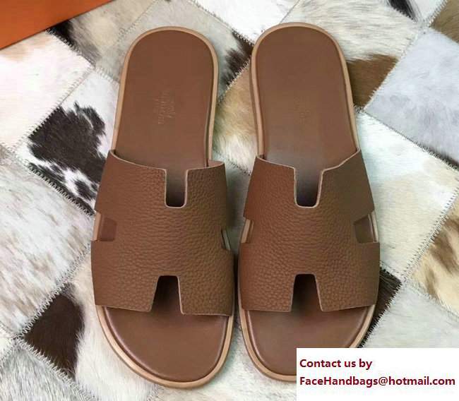 Hermes Izmir Men's Slipper Sandals in Togo Calfskin Brown