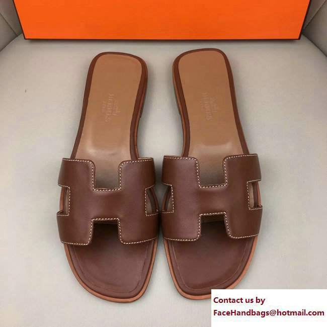 Hermes Oran Slipper Sandals in Box Calfskin Brown - Click Image to Close