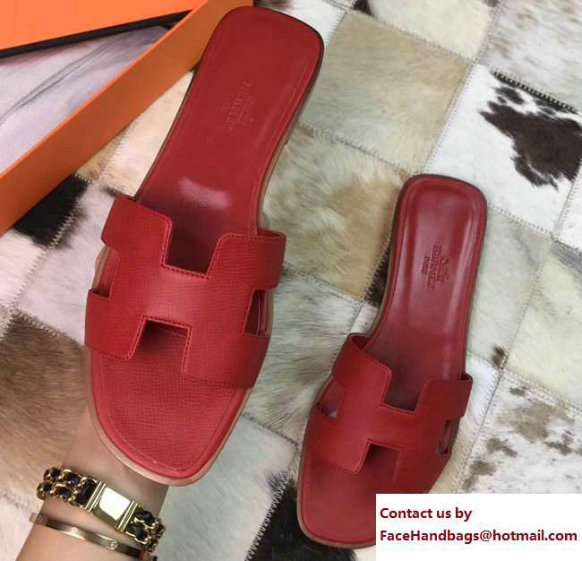 Hermes Oran Slipper Sandals in Epsom Calfskin Dark Red