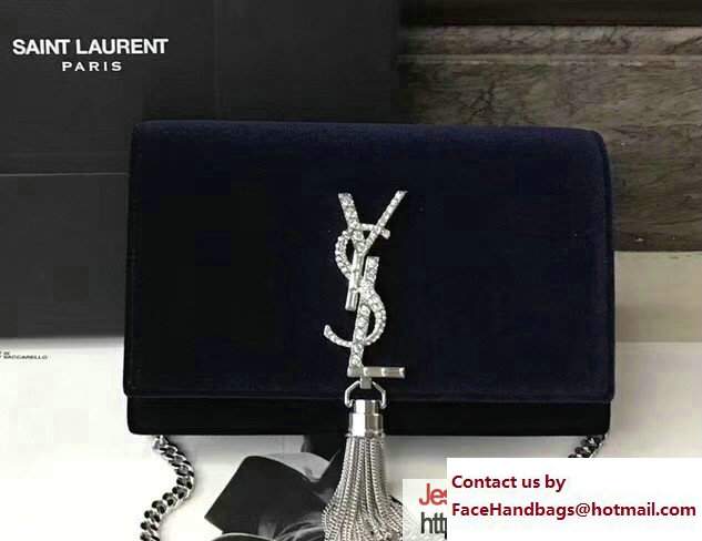 Saint Laurent Kate Chain And Tassel Wallet In Velvet And Crystals 491521 Blue 2017