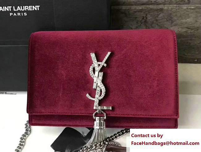 Saint Laurent Kate Chain And Tassel Wallet In Velvet And Crystals 491521 Bordeaux 2017