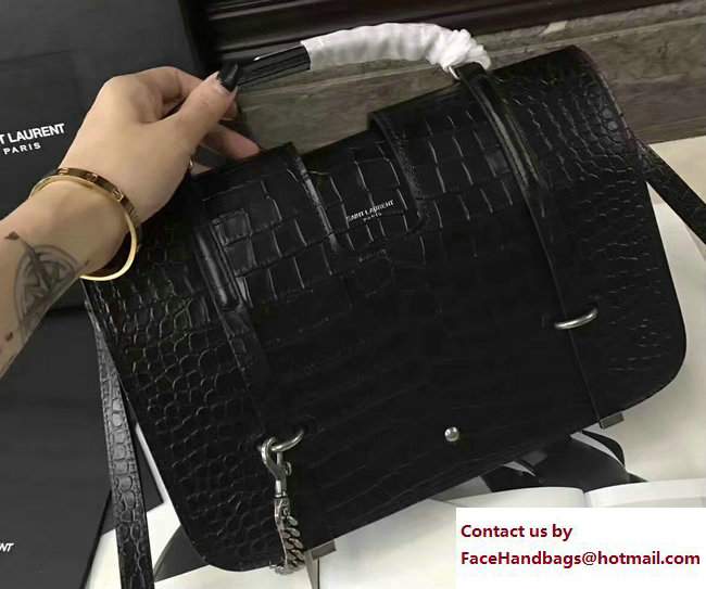 Saint Laurent Large Charlotte Messenger Bag In Crocodile Embossed Leather 472657 Black 2017