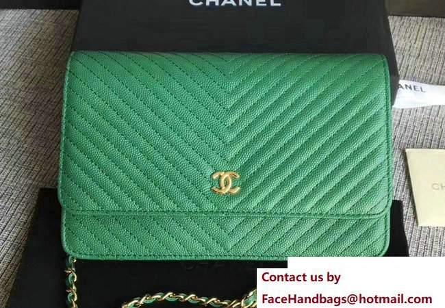 Chanel Caviar Leather Chevron Wallet On Chain WOC Bag Green 2017