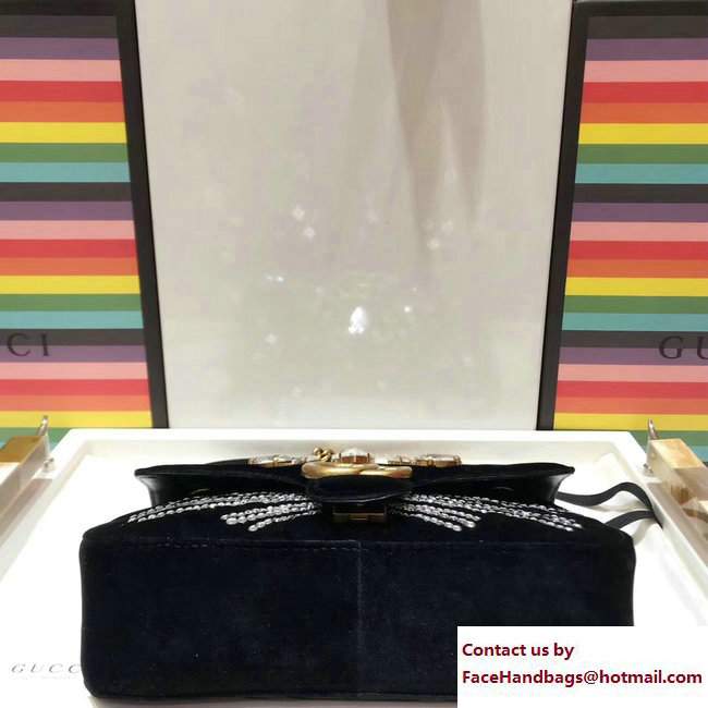Gucci Crystals GG Marmont Velvet Small Chain Shoulder Bag 443497 Black 2017