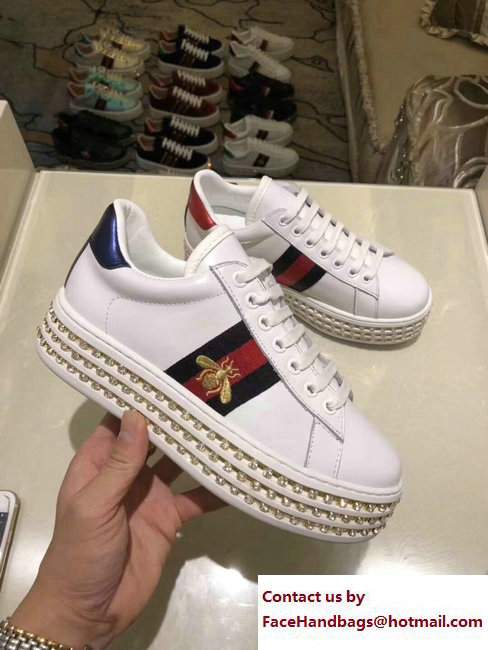 Gucci Crystals Platform Web Ace Sneakers 505995 Bee White 2017