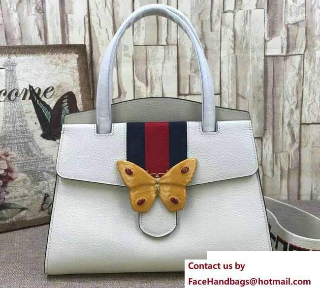 Gucci GucciTotem Web Medium Top Handle Bag 505344 Enameled Butterfly Ivory 2018