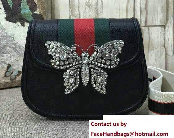 Gucci GucciTotem Web Small Shoulder Bag 505387 Crystals Butterfly Black 2018