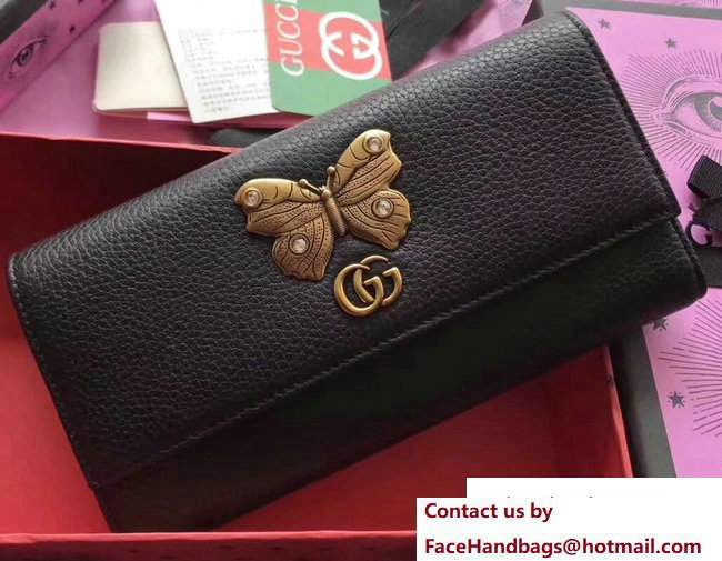 Gucci Leather Continental Wallet With Butterfly 499359 Black 2018