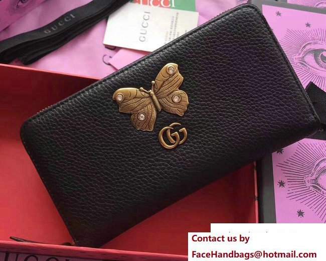 Gucci Leather Zip Around Wallet With Butterfly 499363 Black 2018
