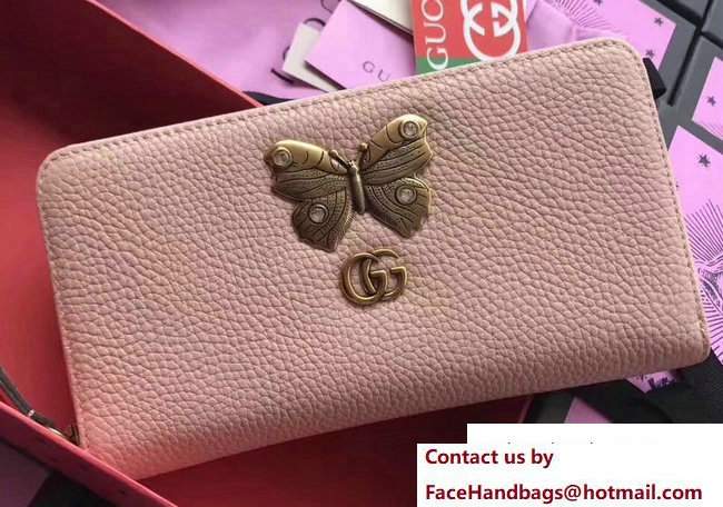 Gucci Leather Zip Around Wallet With Butterfly 499363 Light Pink 2018