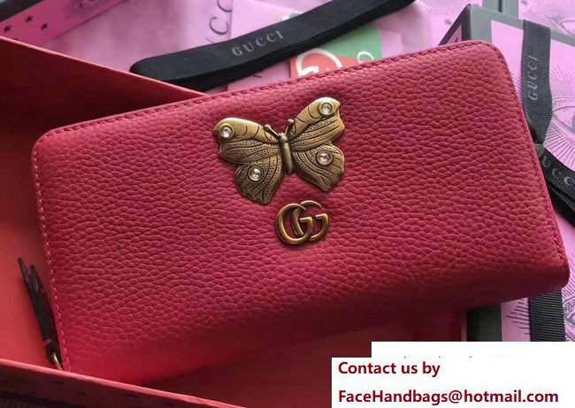 Gucci Leather Zip Around Wallet With Butterfly 499363 Red 2018