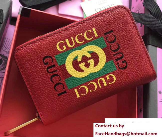 Gucci Print Leather Vintage Logo Zip Around Card Case 496319 Red 2017