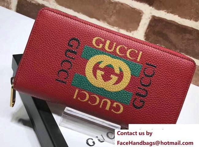 Gucci Print Leather Vintage Logo Zip Around Wallet 496317 Red 2017