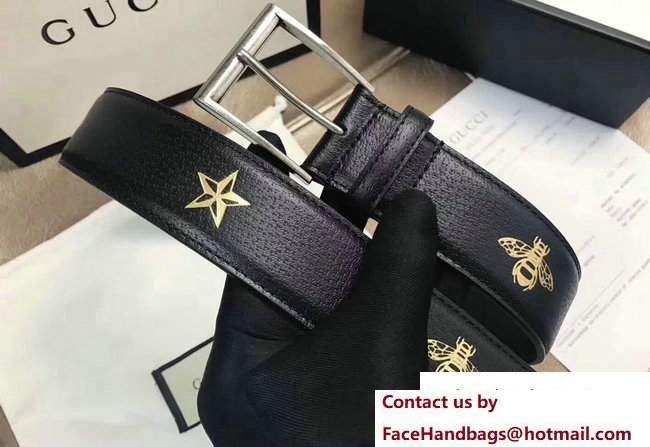 Gucci Width 38mm Bees and Stars Leather Belt 495125 Black with Silver Hardware 2018