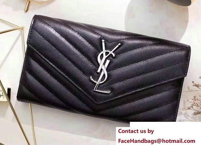 Saint Laurent Grained Leather Large Monogram Flap Wallet 372264 Black/Silver
