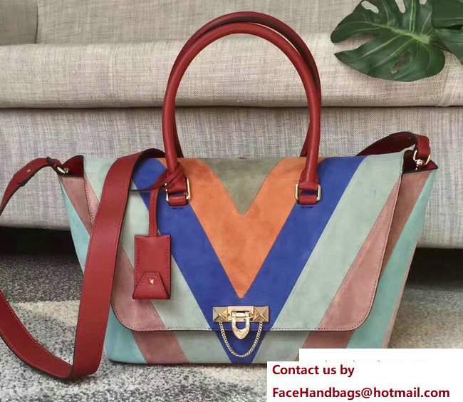 Valentino Multicolor Suede Demilune Double Handle Large Bag Red 2017