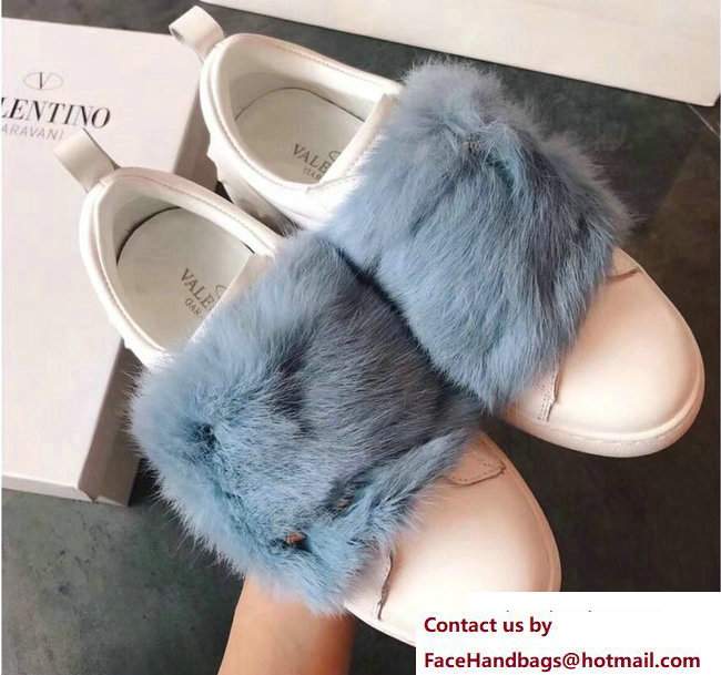 Valentino Rockstud Mink Fur Sneakers White/Light Blue 2017