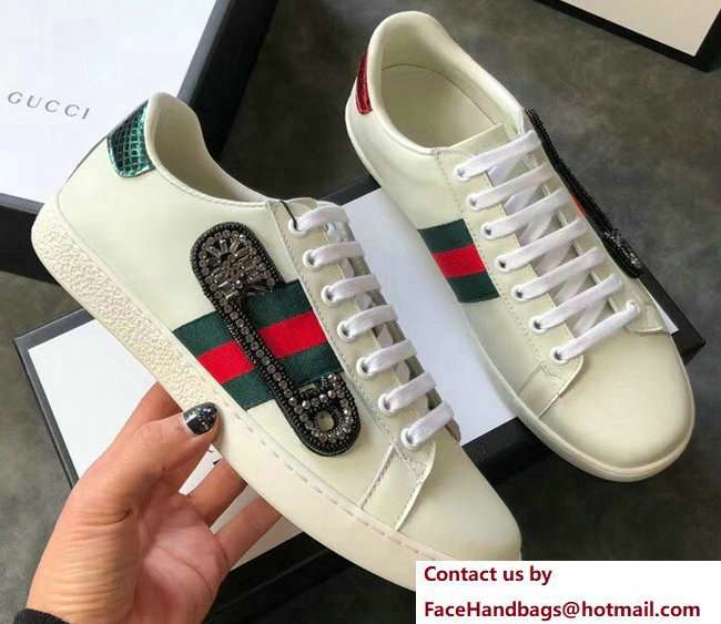 Gucci Ace Leather Low-Top Lovers Sneakers Web Crystal Embroidered Safety Pin Creamy 2018