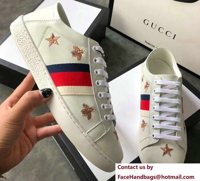 Gucci Ace Leather Low-Top Lovers Sneakers Web Embroidered Bees and Stars Creamy 2018