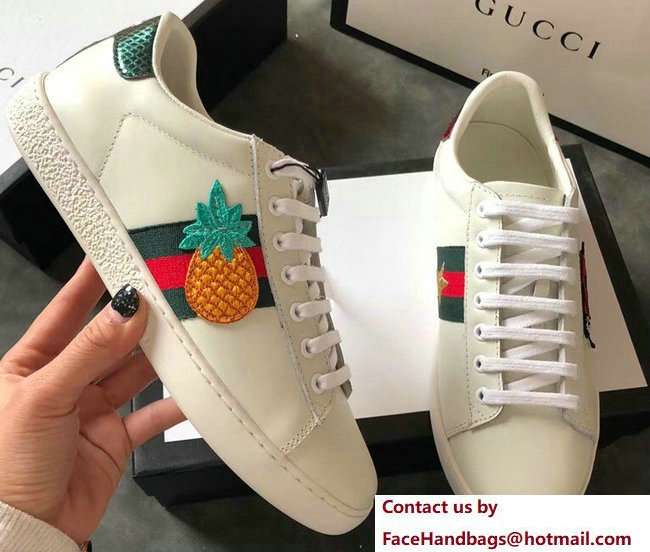 Gucci Ace Leather Low-Top Lovers Sneakers Web Embroidered Pineapple and Ladybug Creamy 2018