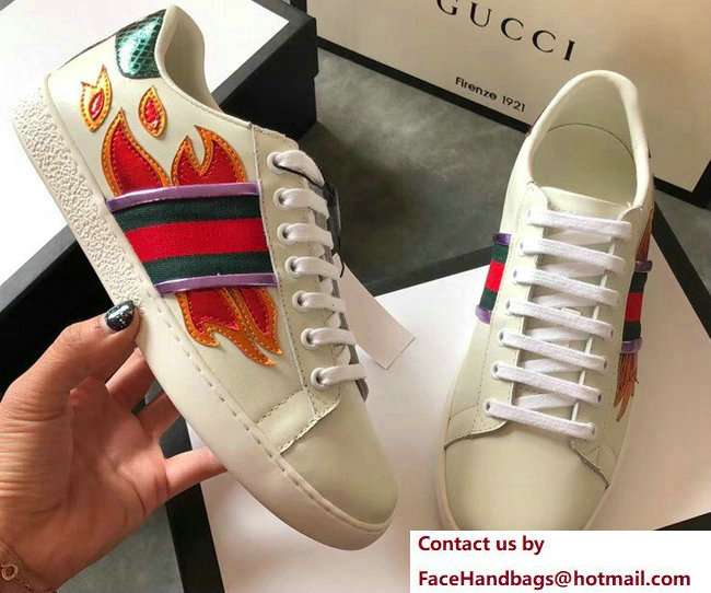Gucci Ace Leather Low-Top Lovers Sneakers Web Flames Off White 2018