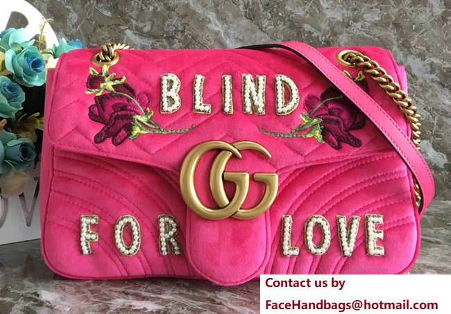 Gucci GG Marmont Embroidered Flower and Blind For Love Velvet Chevron Medium Shoulder Bag 443496 Raspberry Pink 2018